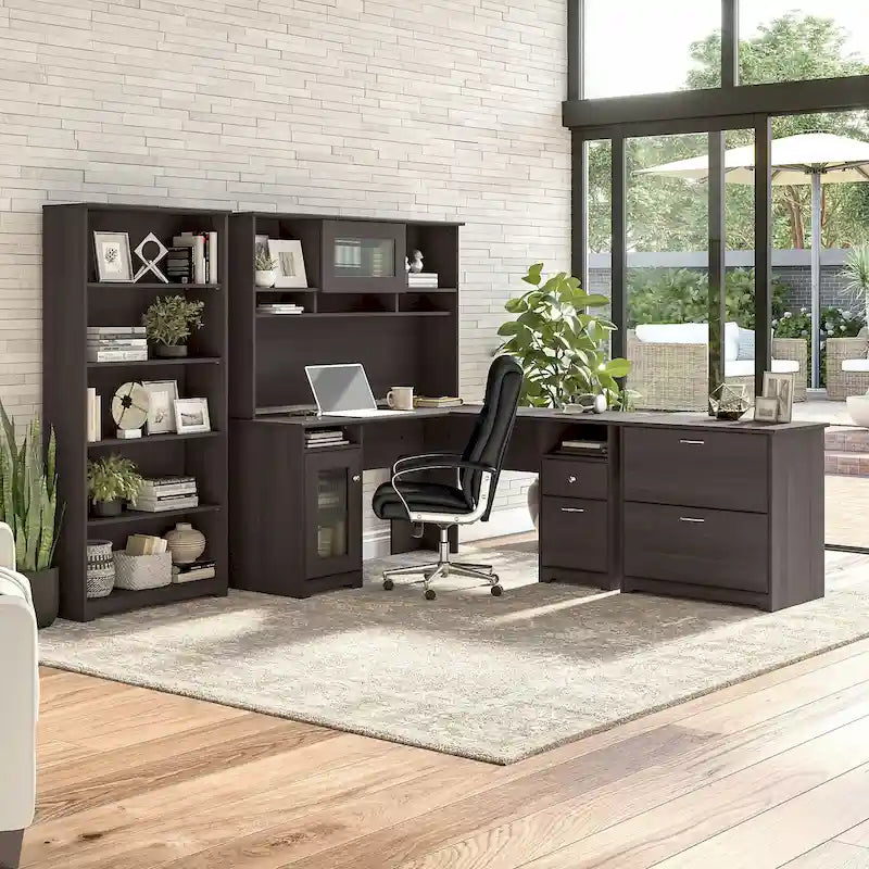 60W L-Desk with Hutch, Cabinet and Bookcase