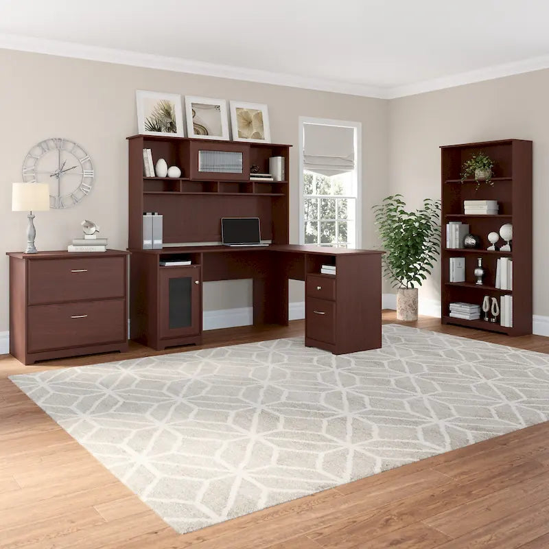 60W L-Desk with Hutch, Cabinet and Bookcase
