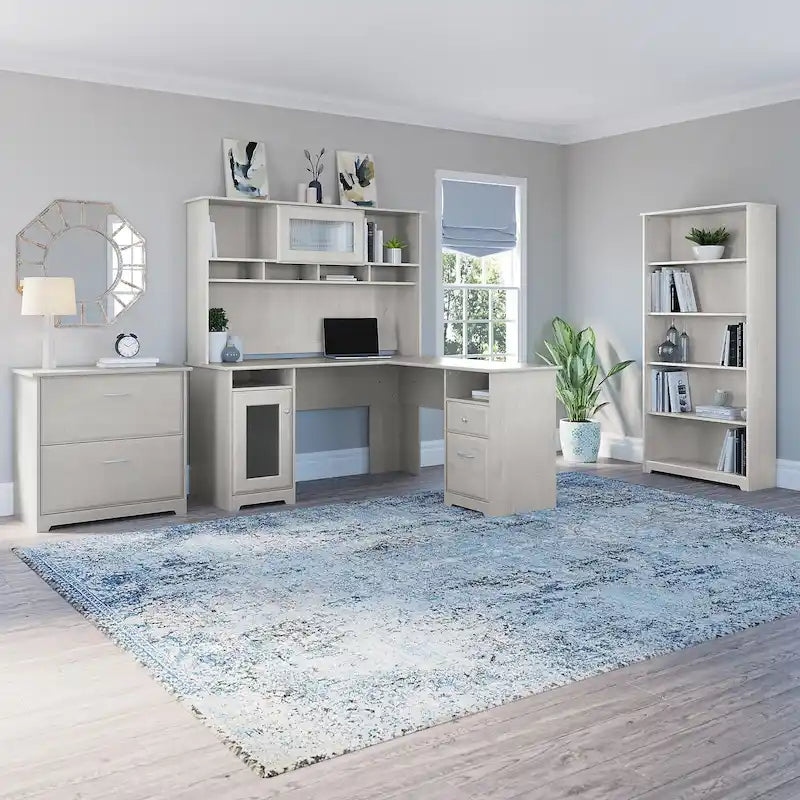 60W L-Desk with Hutch, Cabinet and Bookcase