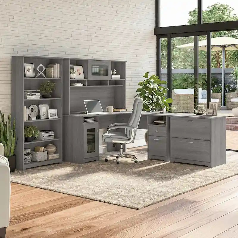 60W L-Desk with Hutch, Cabinet and Bookcase