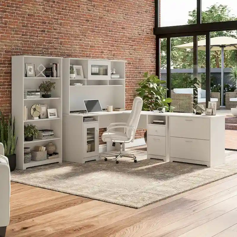 60W L-Desk with Hutch, Cabinet and Bookcase