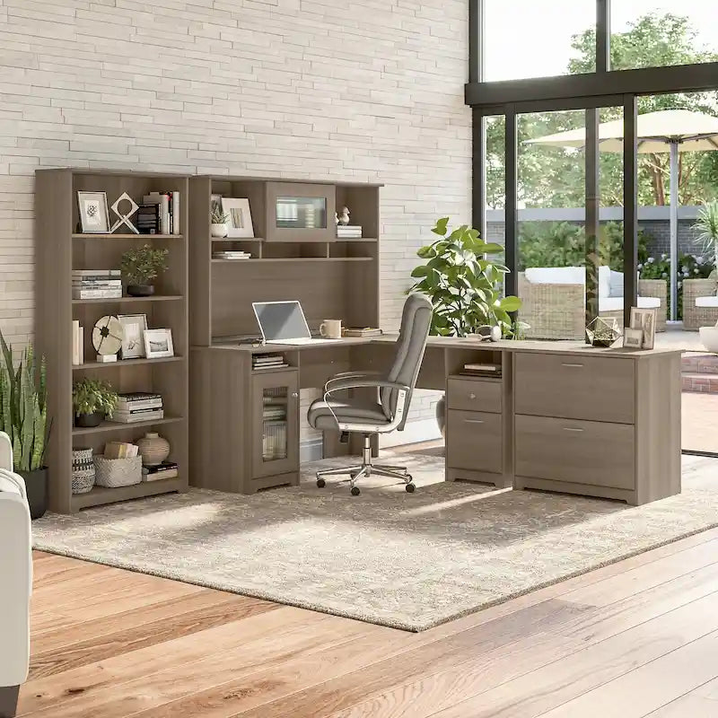 60W L-Desk with Hutch, Cabinet and Bookcase
