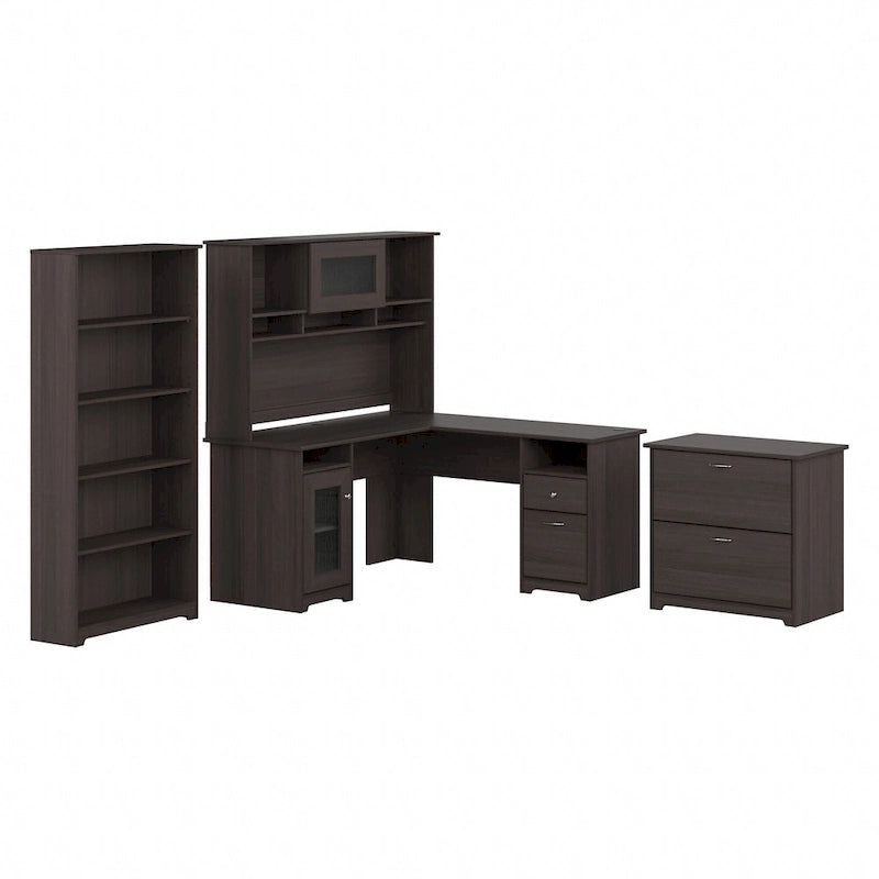 60W L-Desk with Hutch, Cabinet and Bookcase