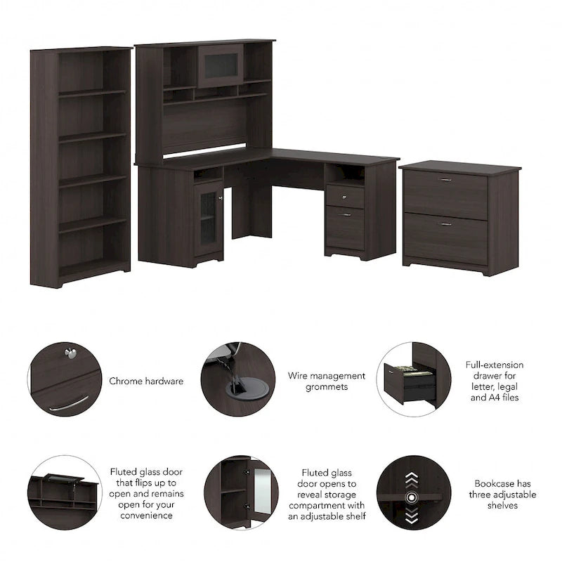 60W L-Desk with Hutch, Cabinet and Bookcase