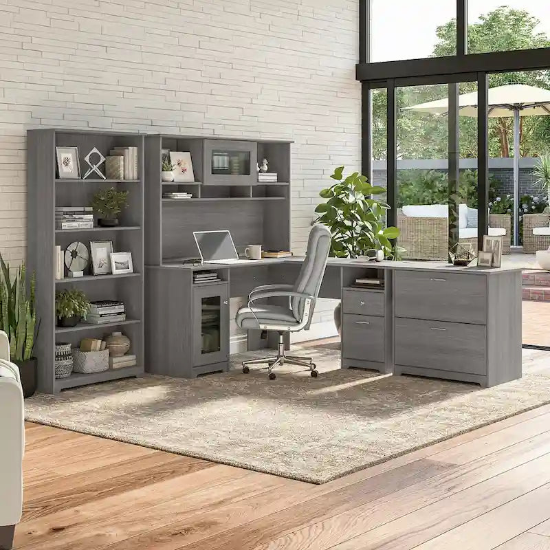 60W L-Desk with Hutch, Cabinet and Bookcase