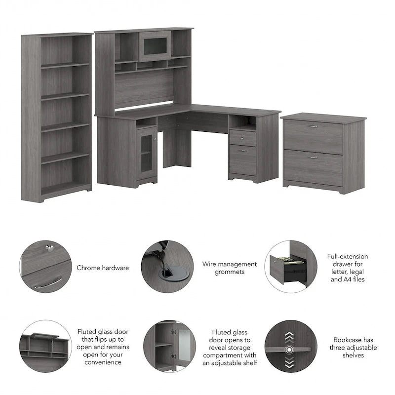 60W L-Desk with Hutch, Cabinet and Bookcase