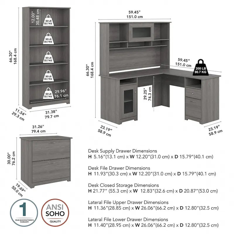 60W L-Desk with Hutch, Cabinet and Bookcase