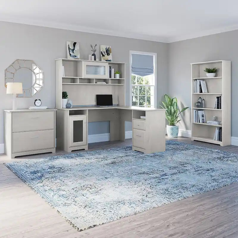 60W L-Desk with Hutch, Cabinet and Bookcase