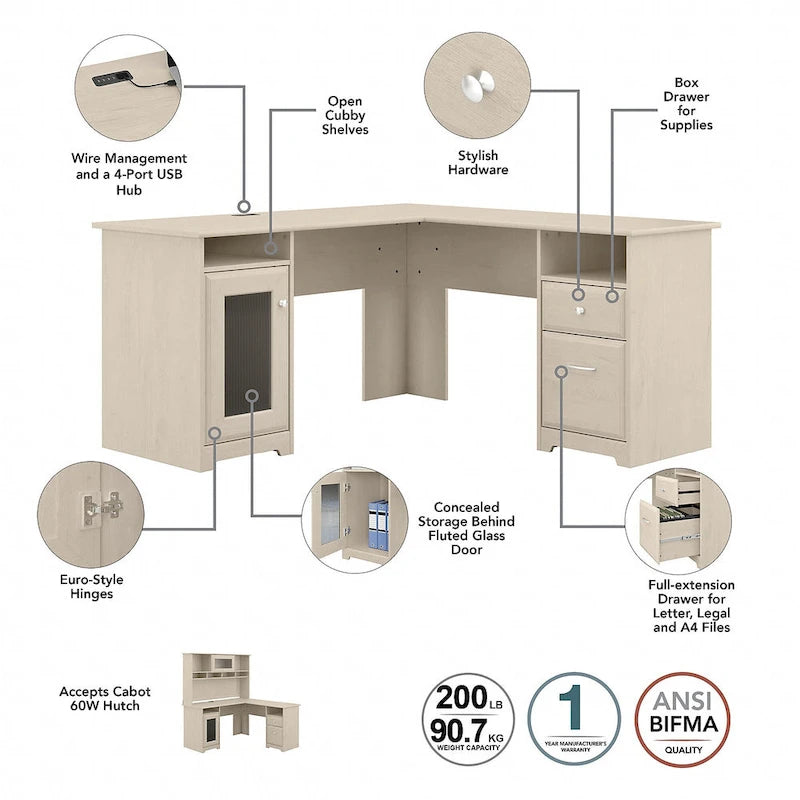 60W L-Desk with Hutch, Cabinet and Bookcase