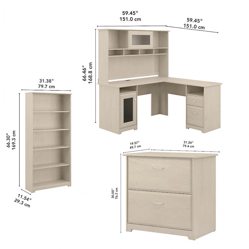 60W L-Desk with Hutch, Cabinet and Bookcase