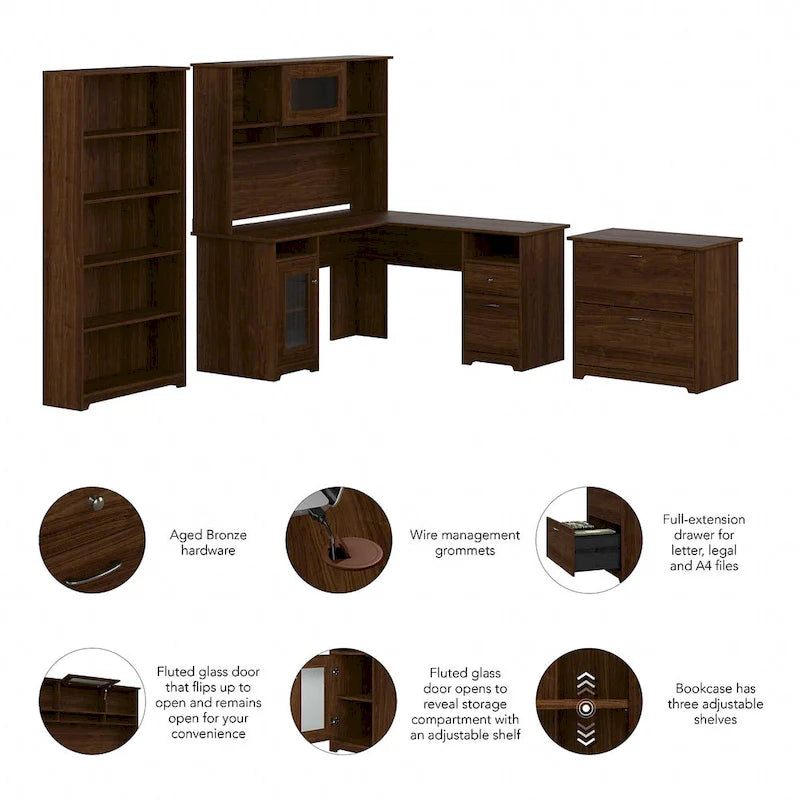 60W L-Desk with Hutch, Cabinet and Bookcase