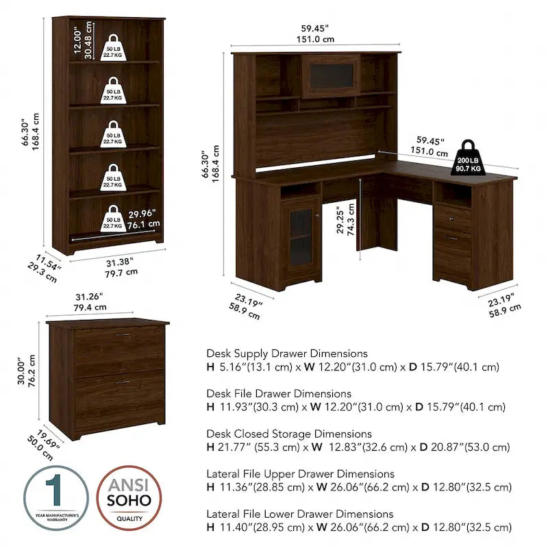60W L-Desk with Hutch, Cabinet and Bookcase