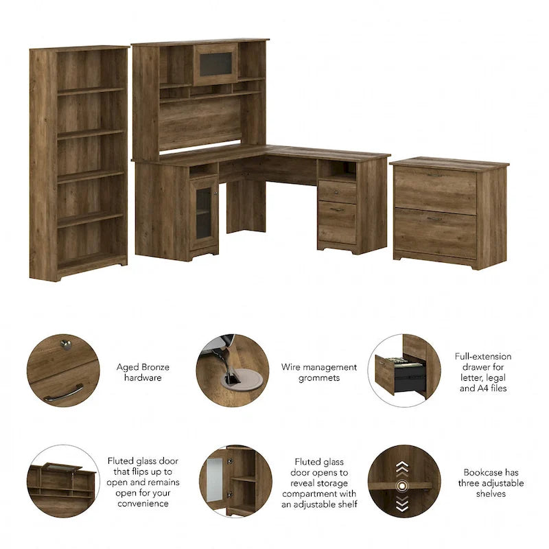 60W L-Desk with Hutch, Cabinet and Bookcase