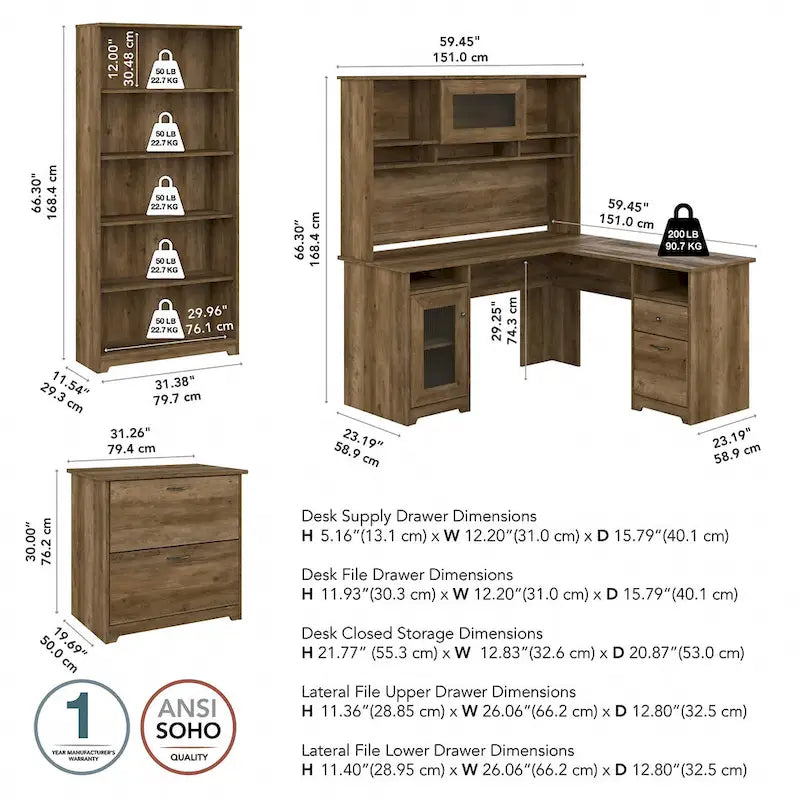 60W L-Desk with Hutch, Cabinet and Bookcase