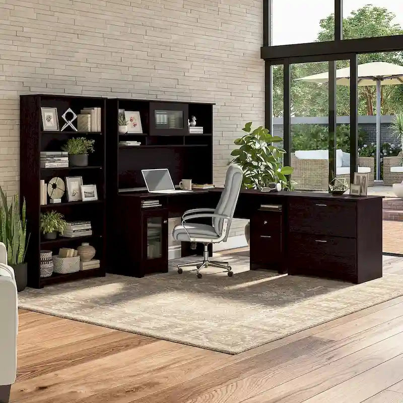 60W L-Desk with Hutch, Cabinet and Bookcase