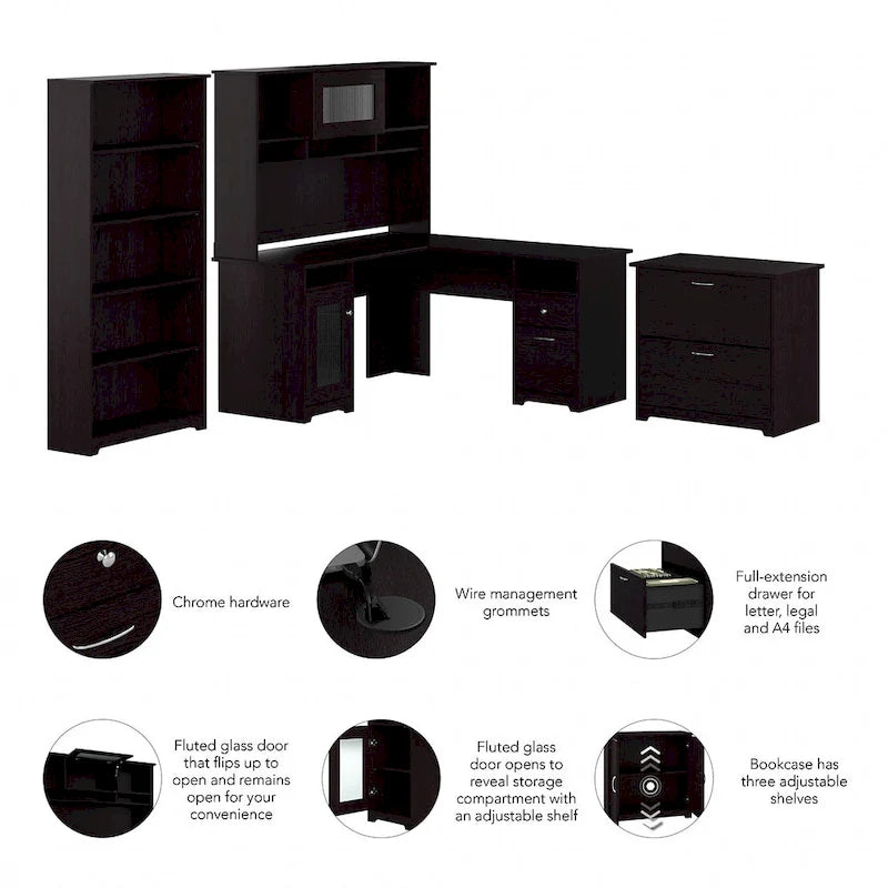 60W L-Desk with Hutch, Cabinet and Bookcase