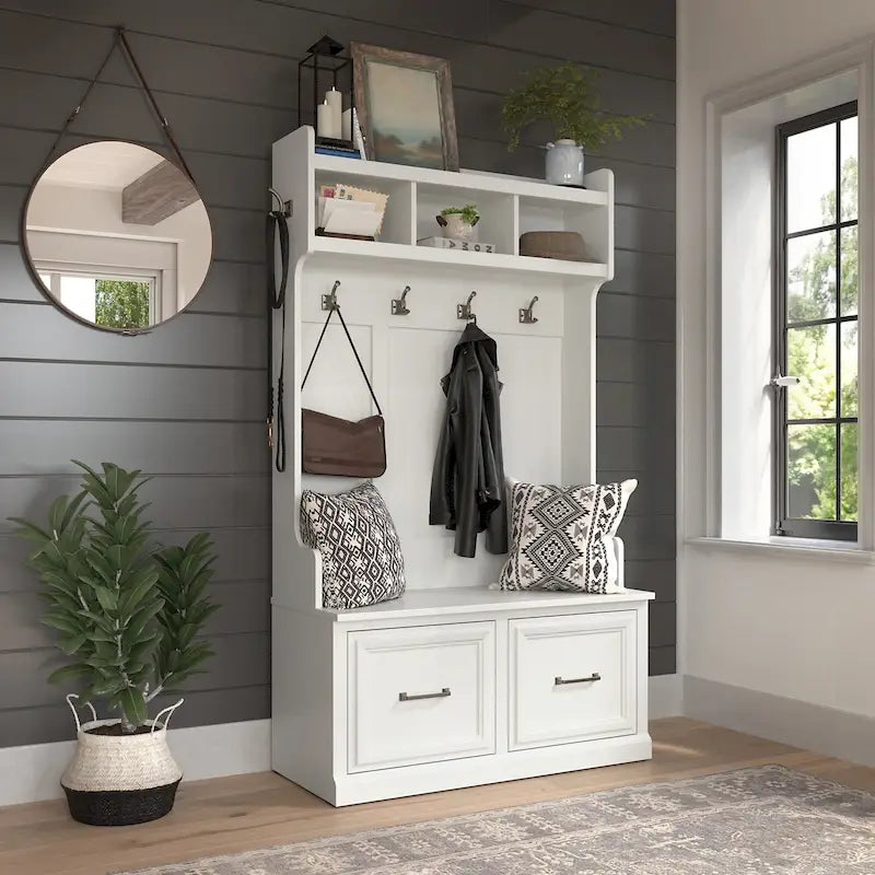 40W Hall Tree and Shoe Storage Bench with Doors