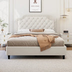 Modern King-Size Upholstered Bed with Pleated and Button-Tufted Headboard, Solid Wood Frame, Metal Base, No Box Spring Needed