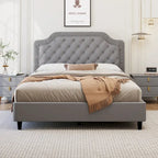 Modern King-Size Upholstered Bed with Pleated and Button-Tufted Headboard, Solid Wood Frame, Metal Base, No Box Spring Needed