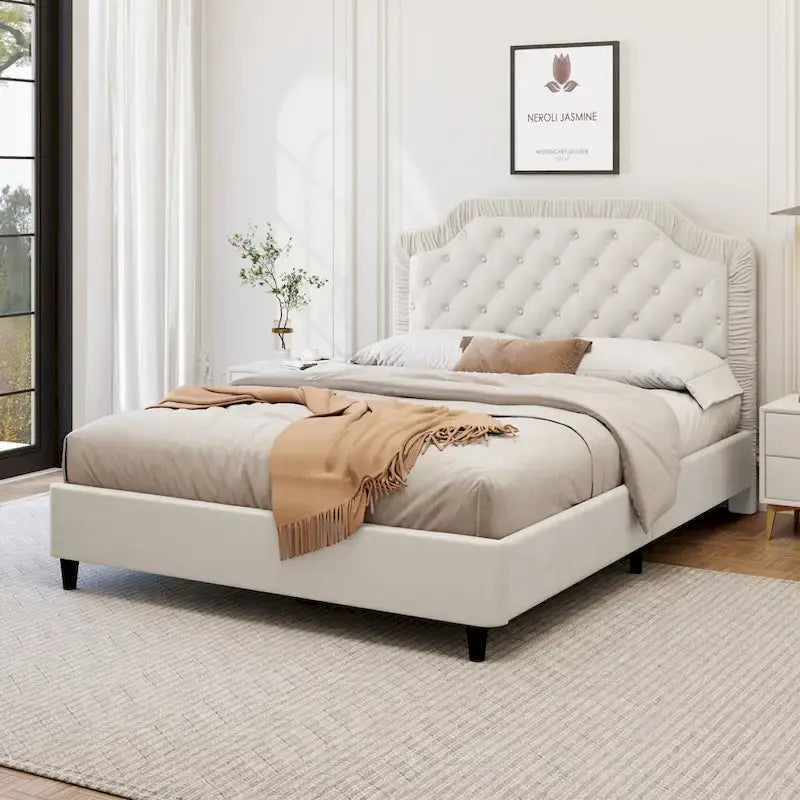 Modern King-Size Upholstered Bed with Pleated and Button-Tufted Headboard, Solid Wood Frame, Metal Base, No Box Spring Needed