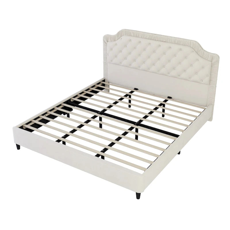 Modern King-Size Upholstered Bed with Pleated and Button-Tufted Headboard, Solid Wood Frame, Metal Base, No Box Spring Needed