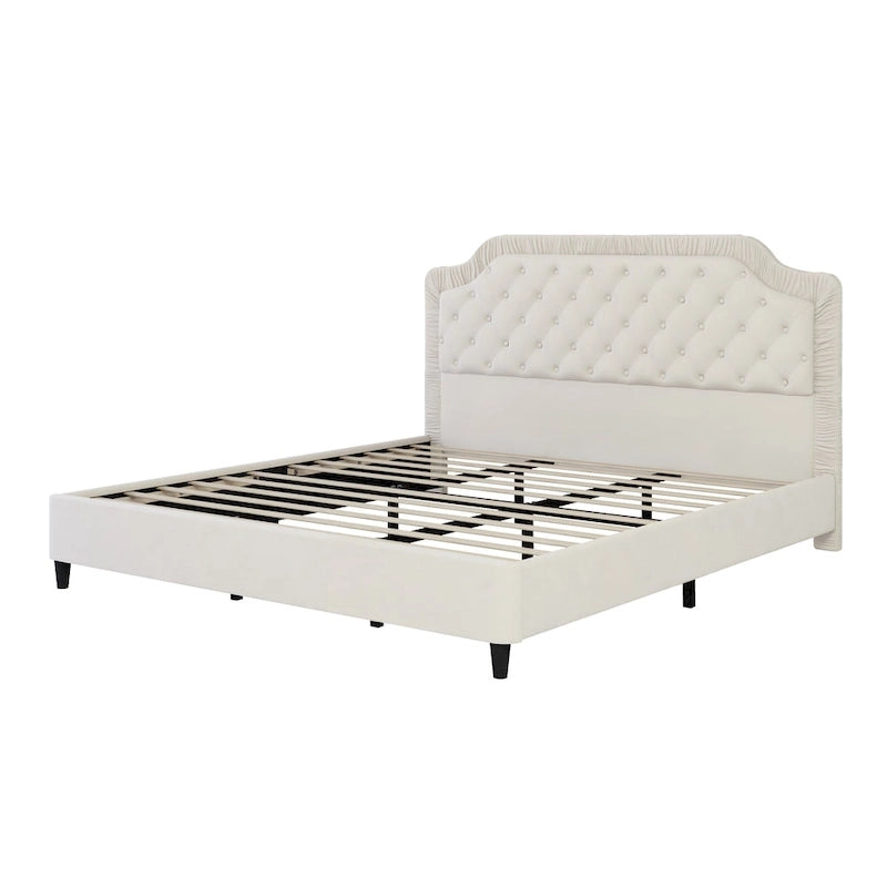 Modern King-Size Upholstered Bed with Pleated and Button-Tufted Headboard, Solid Wood Frame, Metal Base, No Box Spring Needed