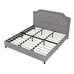 Modern King-Size Upholstered Bed with Pleated and Button-Tufted Headboard, Solid Wood Frame, Metal Base, No Box Spring Needed