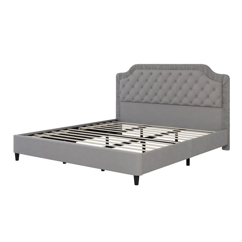 Modern King-Size Upholstered Bed with Pleated and Button-Tufted Headboard, Solid Wood Frame, Metal Base, No Box Spring Needed