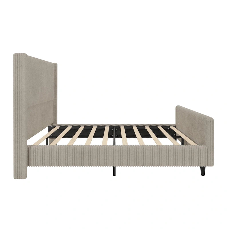 Queen Size Platform Bed Taupe Corduroy Fabric Wingback Bed