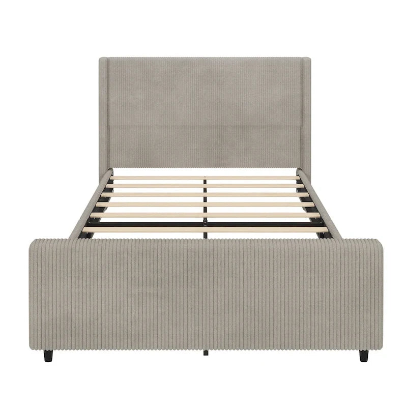 Queen Size Platform Bed Taupe Corduroy Fabric Wingback Bed