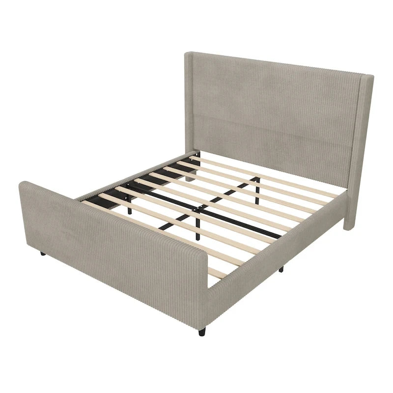 Queen Size Platform Bed Taupe Corduroy Fabric Wingback Bed