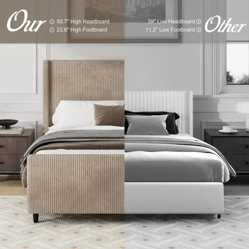 Queen Size Platform Bed Taupe Corduroy Fabric Wingback Bed