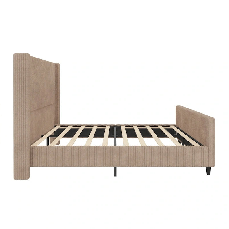 Queen Size Platform Bed Taupe Corduroy Fabric Wingback Bed