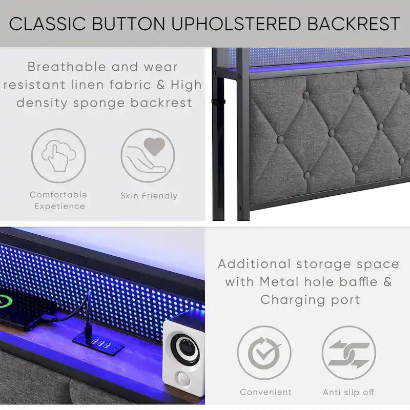 King Upholstered Bed Frame with Storage Headboard, Charging Station and LED Lights
