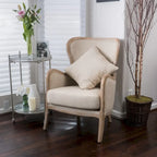 Beige Polyester Fabric Wingback Accent Chair with Oak Wood Frame