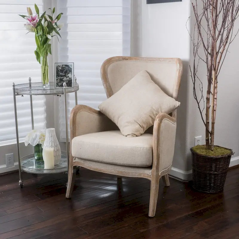 Beige Polyester Fabric Wingback Accent Chair with Oak Wood Frame