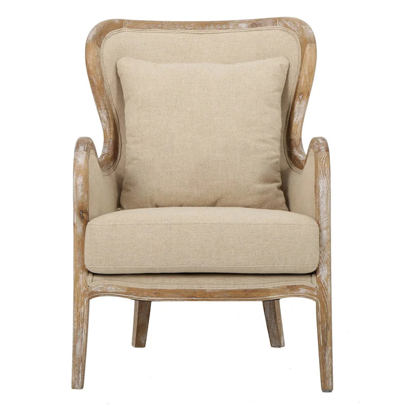 Beige Polyester Fabric Wingback Accent Chair with Oak Wood Frame