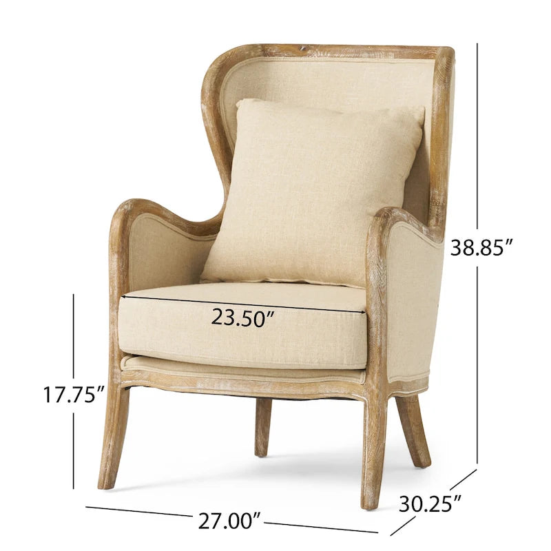 Beige Polyester Fabric Wingback Accent Chair with Oak Wood Frame