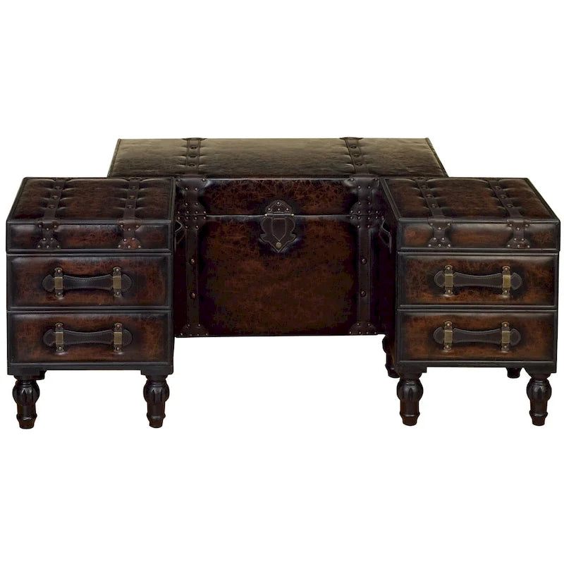 Wood Vintage Faux Leather 4 Drawer Bench with Faux Leather Straps and Studs - Set of 3 Brown - 