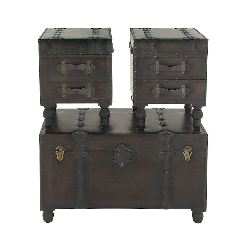 Faux Leather 4-Drawer Storage Bench with Straps and Studs - Set of 3, Brown