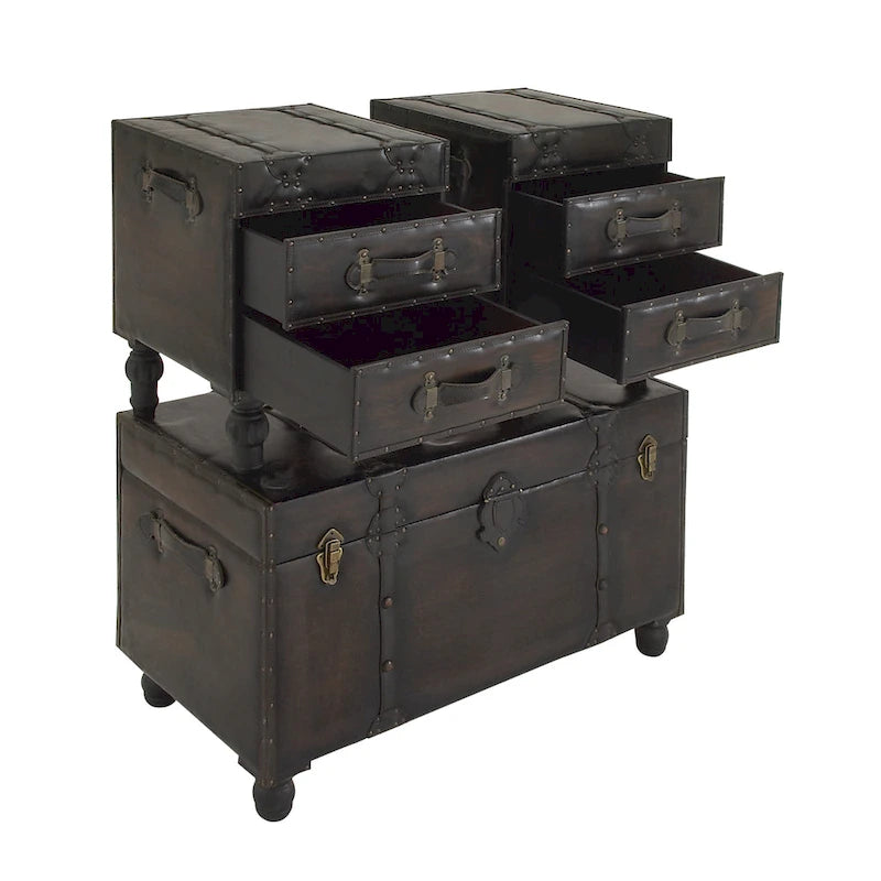 Faux Leather 4-Drawer Storage Bench with Straps and Studs - Set of 3, Brown