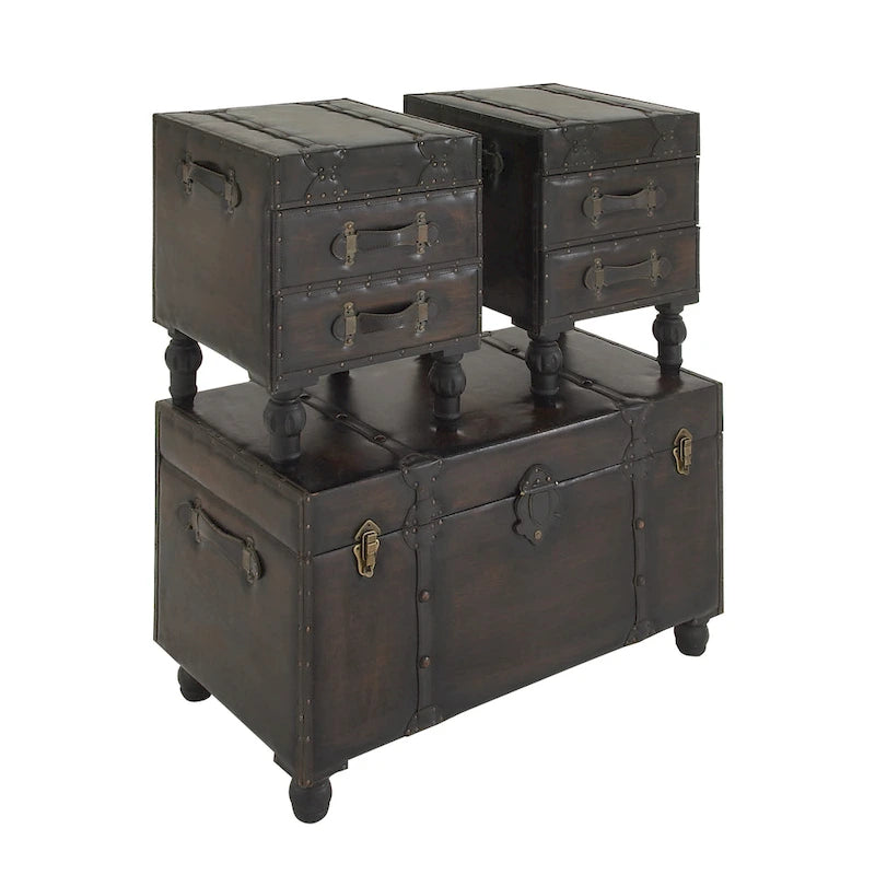 Faux Leather 4-Drawer Storage Bench with Straps and Studs - Set of 3, Brown