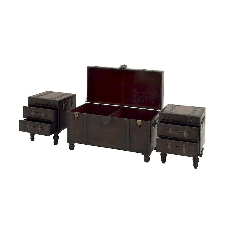 Faux Leather 4-Drawer Storage Bench with Straps and Studs - Set of 3, Brown
