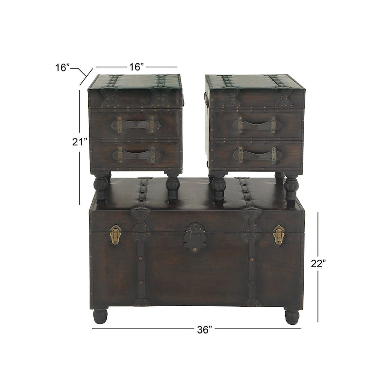 Faux Leather 4-Drawer Storage Bench with Straps and Studs - Set of 3, Brown
