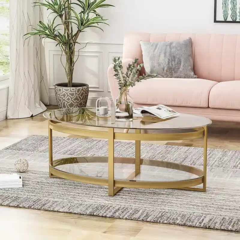 Plumeria Modern Glam Tempered Glass Oval Coffee Table with Iron Frame by 