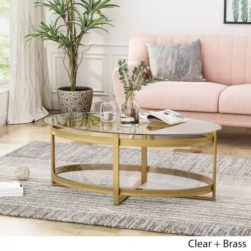 Modern Glam Tempered Glass Oval Coffee Table with Iron Frame