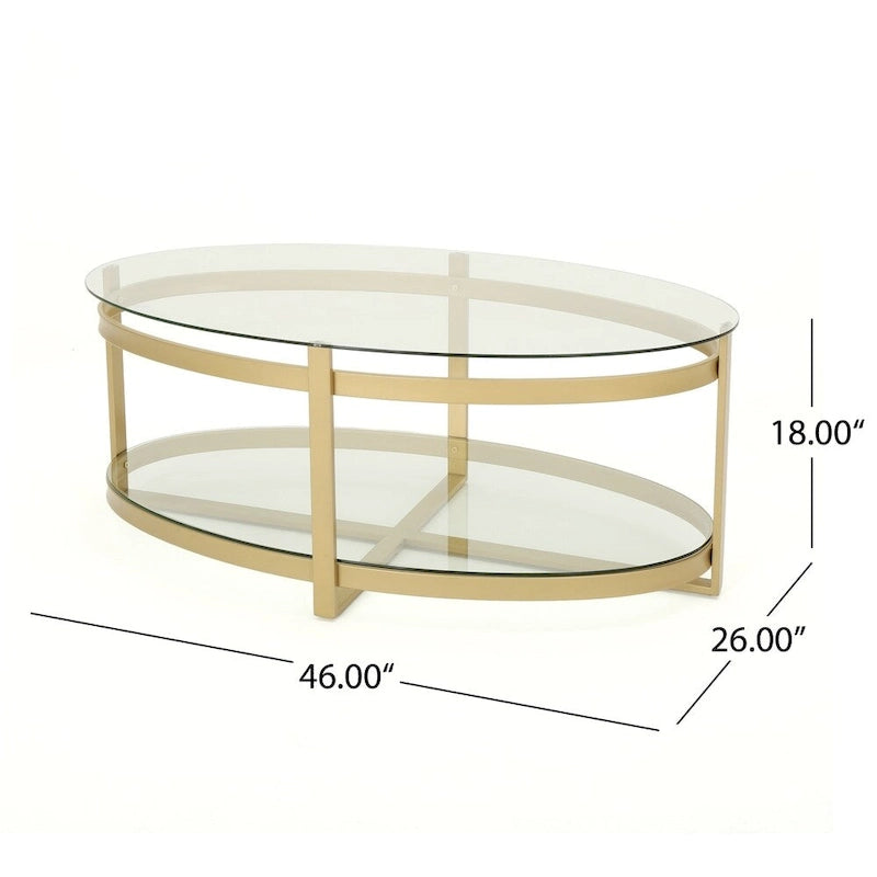 Modern Glam Tempered Glass Oval Coffee Table with Iron Frame