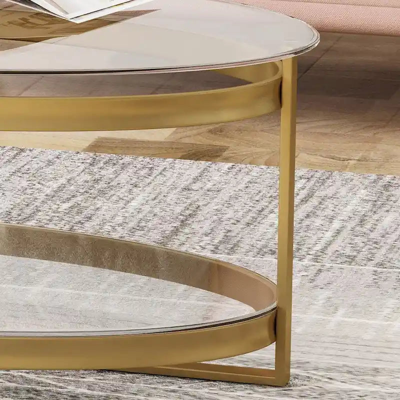 Modern Glam Tempered Glass Oval Coffee Table with Iron Frame
