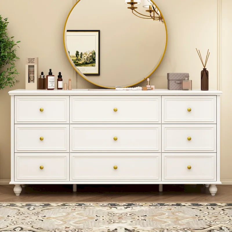 9-Drawer Wood Dresser - 63"W, White Lacquer Finish with Gold Handles
