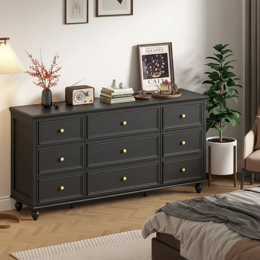 9-Drawer Wood Dresser - 63"W, White Lacquer Finish with Gold Handles